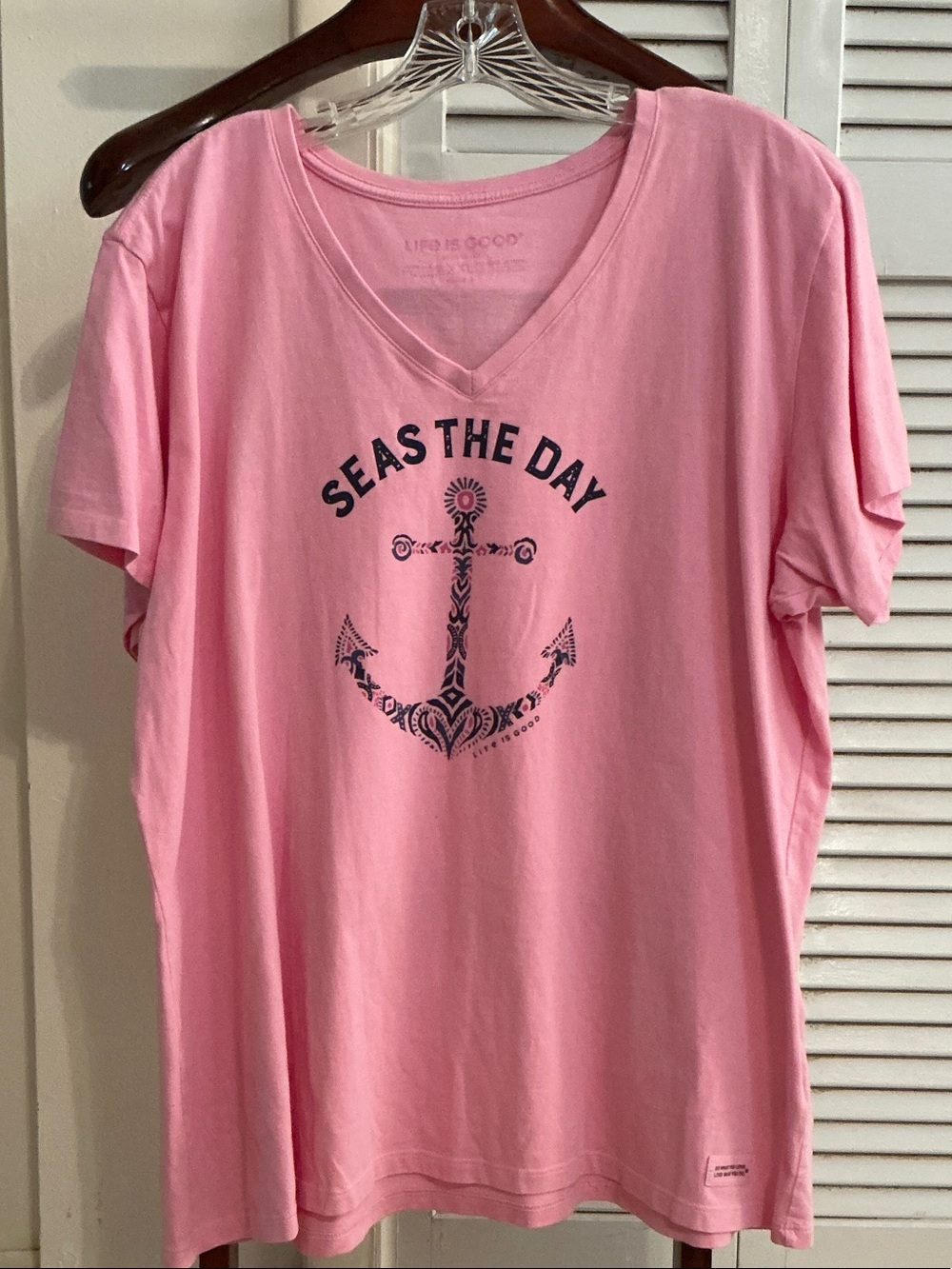 Life Is Good Pink V-Neck Tee with Navy Anchor 'Seas the Day'